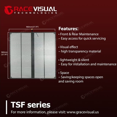 TSF Série P3.9-7.8mm Transparente LED tela ️ 1000x1000mm, alta taxa de atualização 3840Hz, Instalação fixa interior personalizável, moldura de alumínio