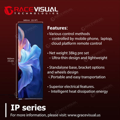 IP Series P2.5 640×1920mm Indoor LED Poster Display Uma solução de exibição versátil com escala de 16 bits de cinza e base de roda móvel