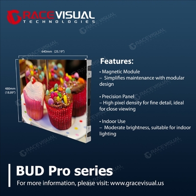 BUD Pro Indoor LED Display ️ Manutenção frontal, design de montagem na parede sem cabo, atualização de 7680Hz, 1,25 ∼ 2,5 mm de pitch de pixels, ângulo de visão ultra-largo